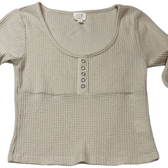 Pink Rose Tops - Pink Rose Oatmeal Long-Sleeve Waffle Knit Crop Top Medium